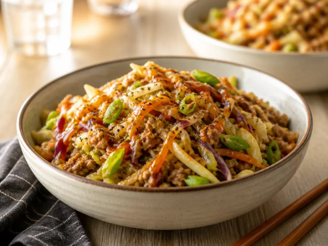 Easy low carb egg roll in a bowl made with bagged coleslaw mix and ground meat