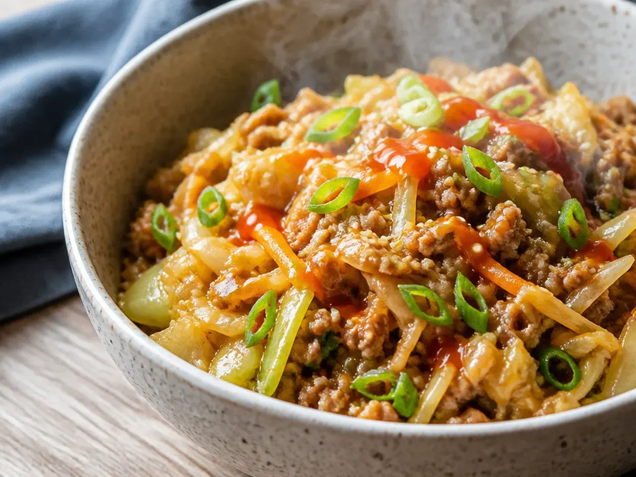 Cozy low carb egg roll in a bowl with chicken thigh mince and a soft-boiled egg on top