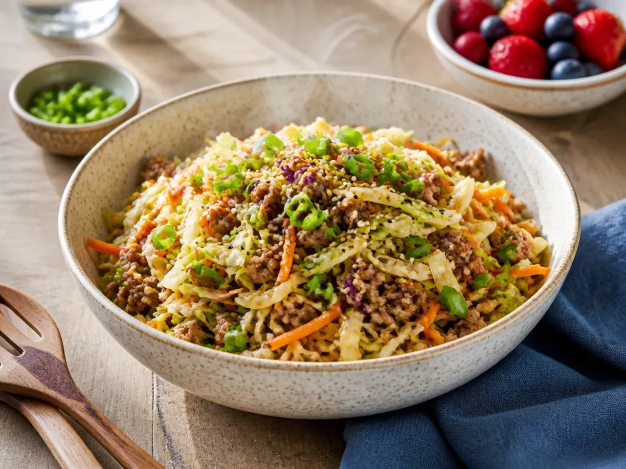 Simple low carb egg roll in a bowl with ground turkey and shredded cabbage
