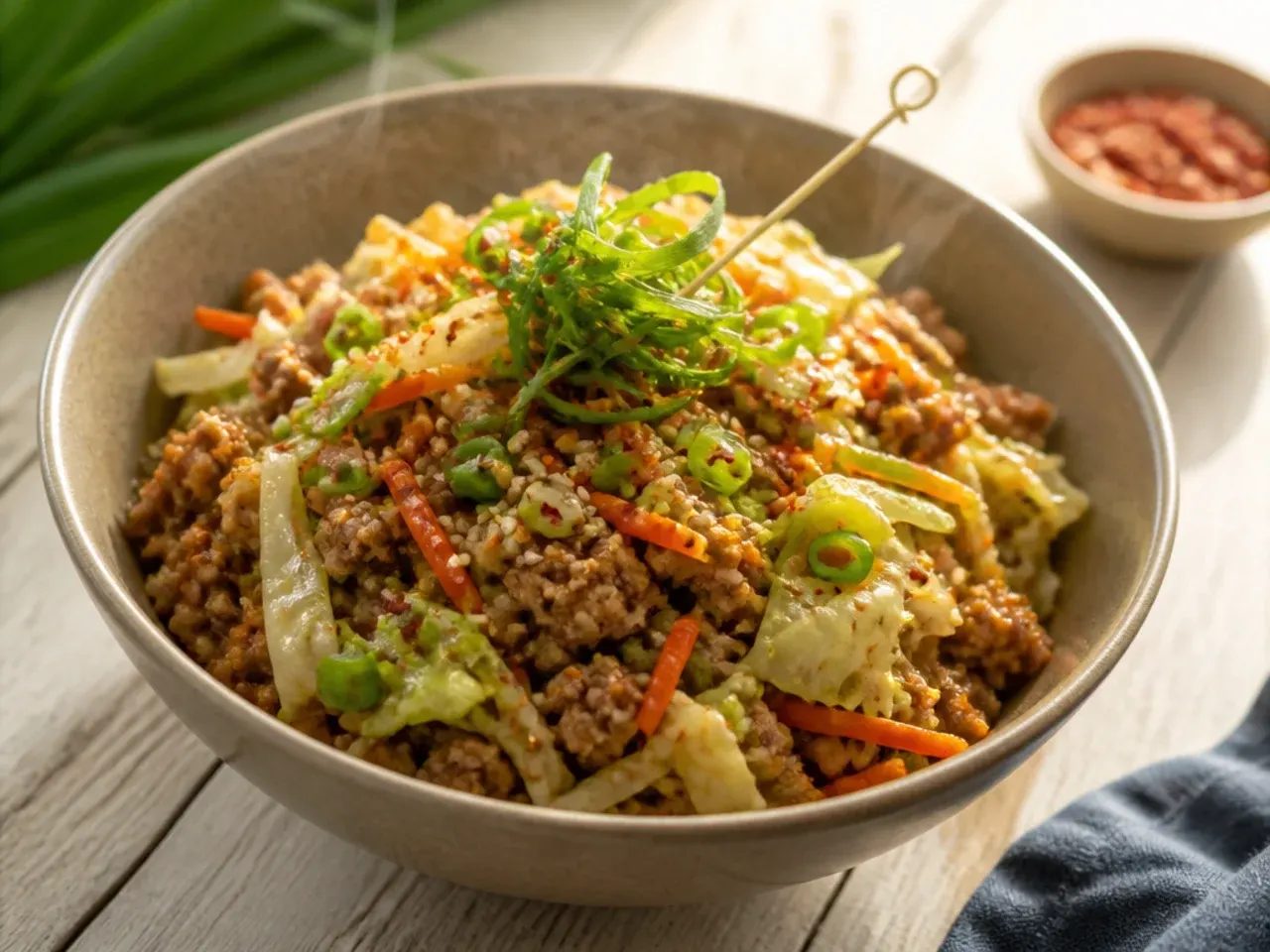 Best-ever low carb egg roll in a bowl made with a blend of beef and pork mince