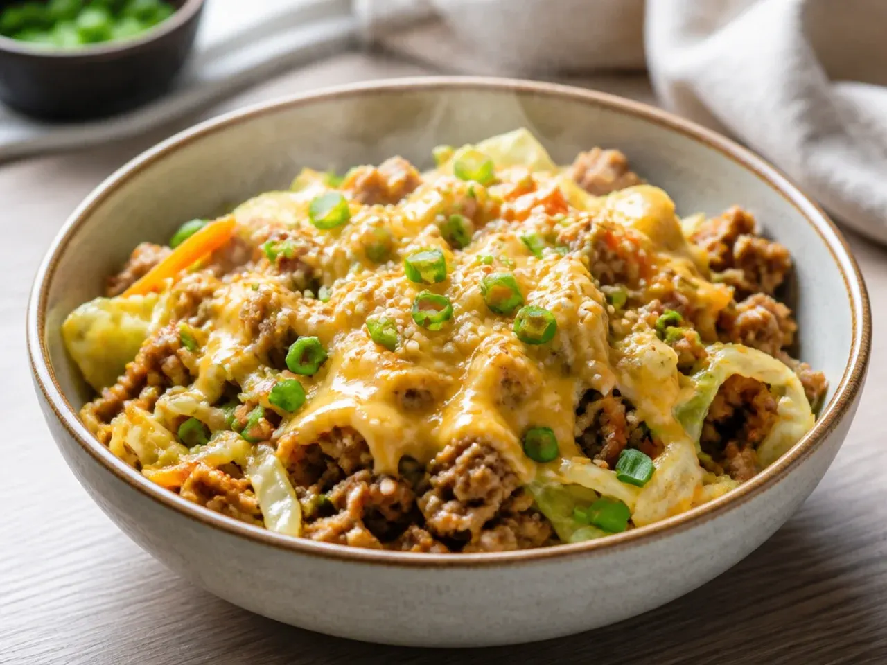Cheesy low carb egg roll in a bowl with melted cheddar over pork and cabbage