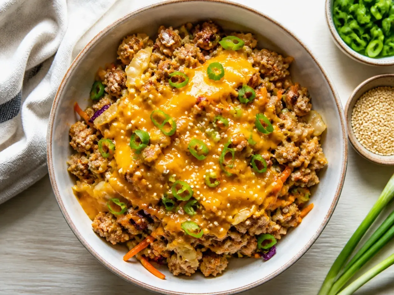Budget low carb egg roll in a bowl made with basic pantry ingredients