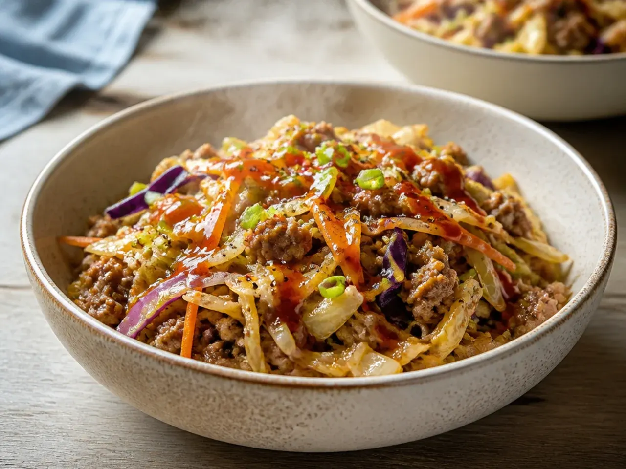 Large batch of crowd-pleasing low carb egg roll in a bowl with a toppings bar alongside