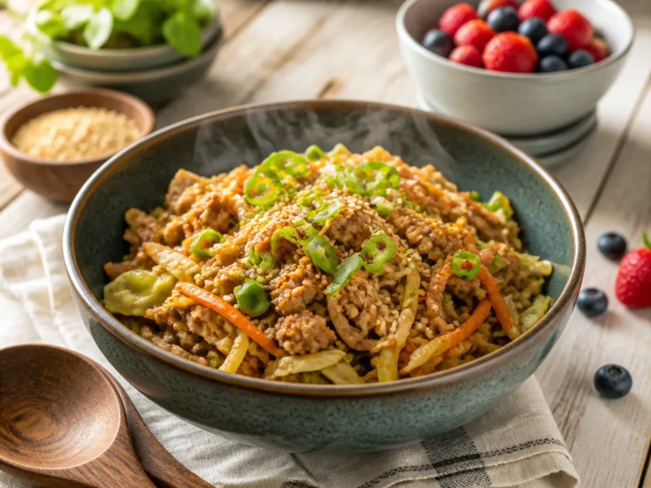 Family-friendly low carb egg roll in a bowl served mild with rice on the side