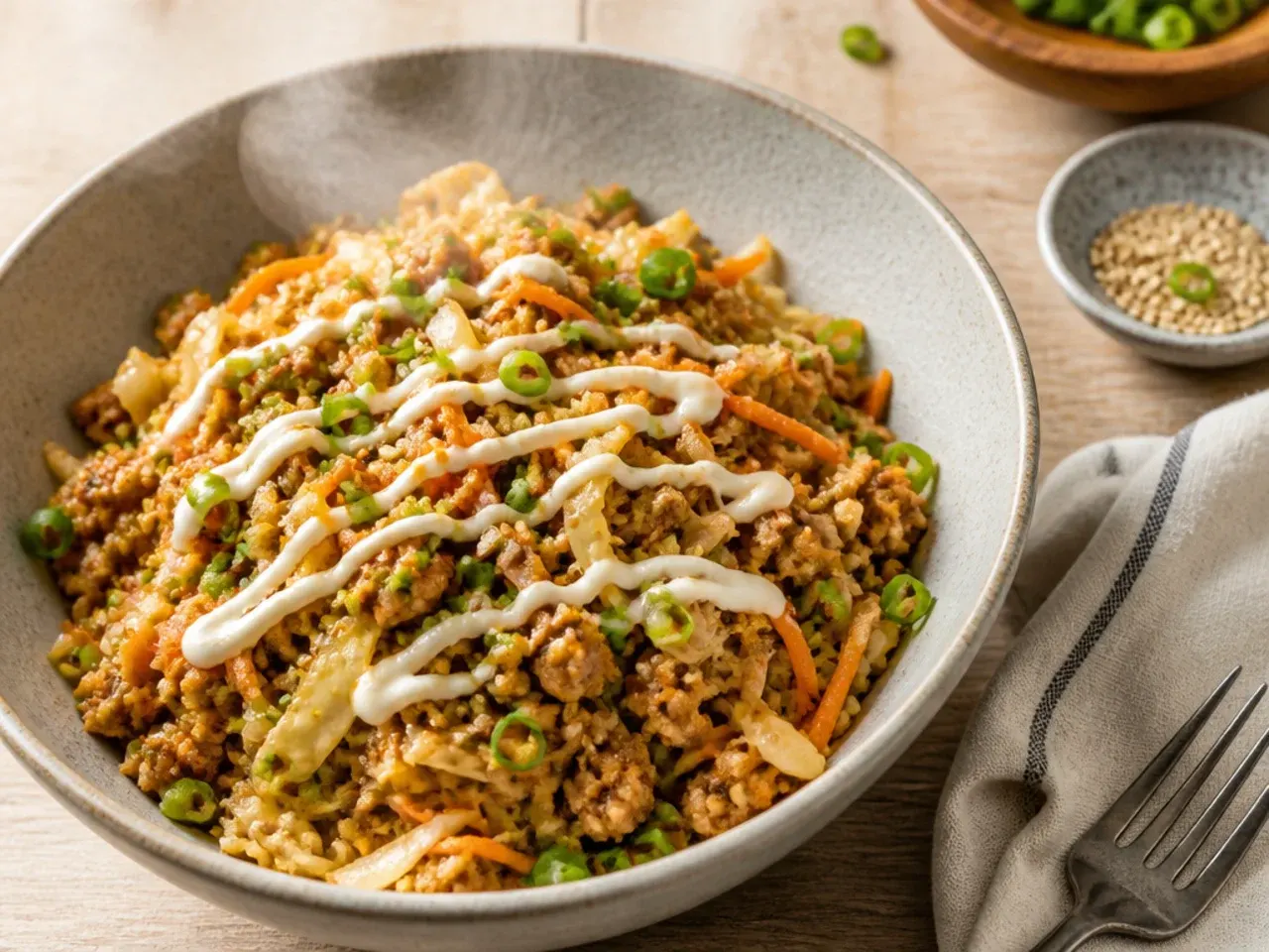 Quick low carb egg roll in a bowl cooked in one skillet in 15 minutes