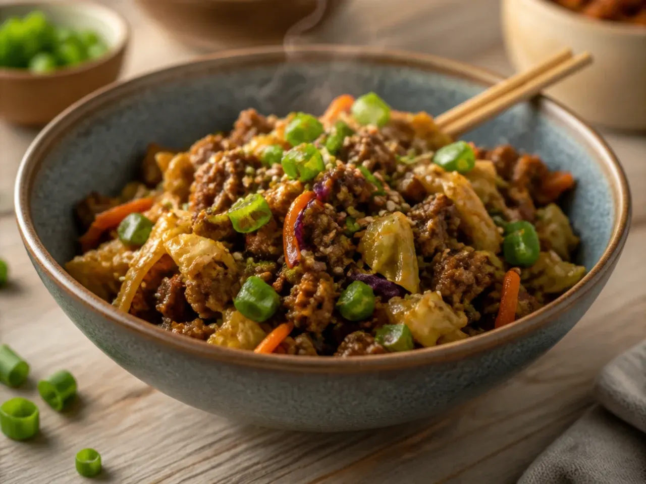 Homemade low carb egg roll in a bowl with hand-shredded cabbage and fresh garlic-ginger paste