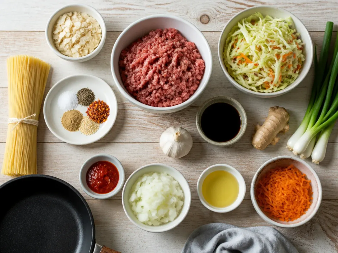 Close-up of a wooden spoon stirring low carb egg roll in a bowl in a skillet
