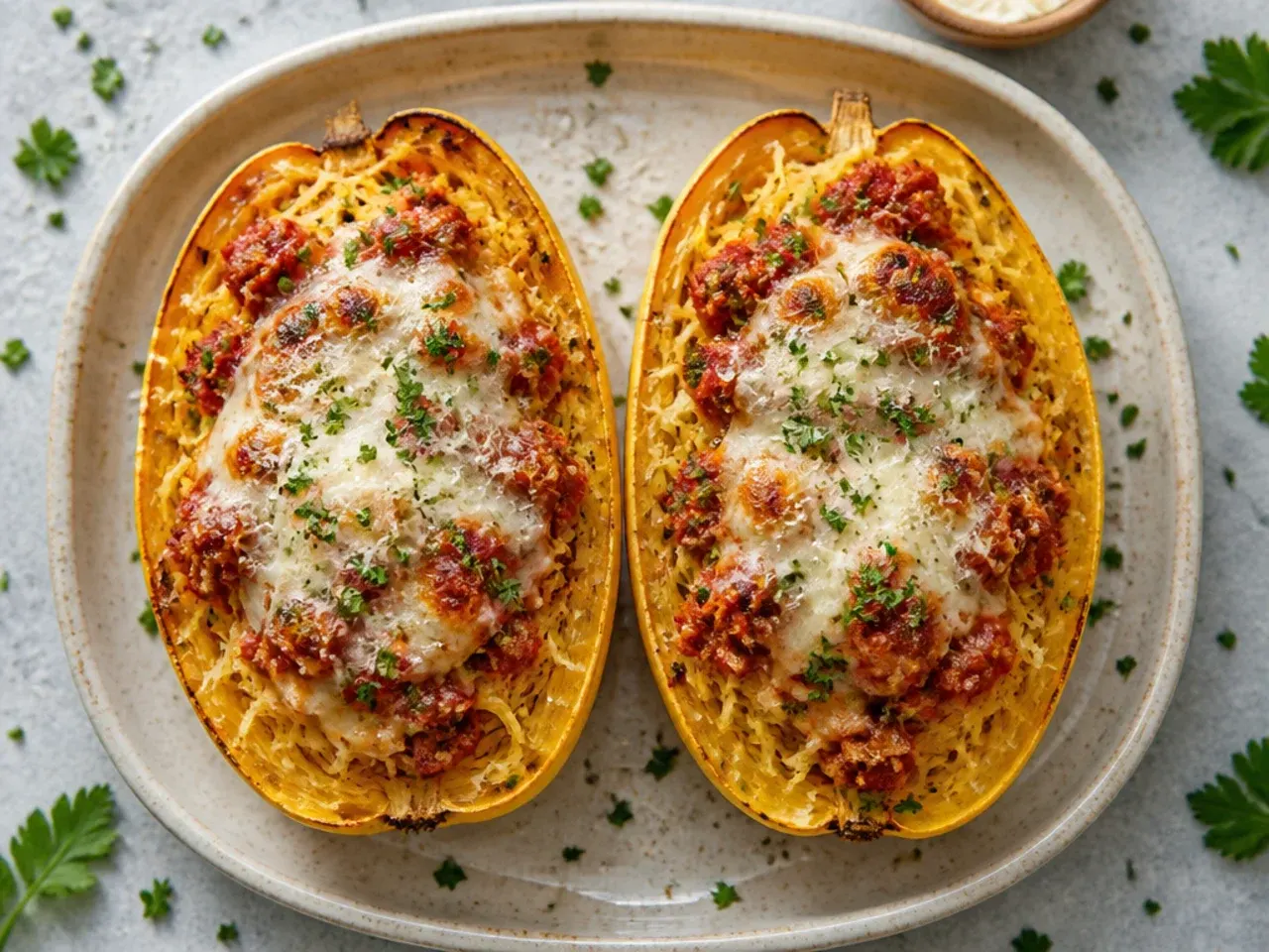 Baked spaghetti squash boats being packed into a glass airtight container for fridge storage