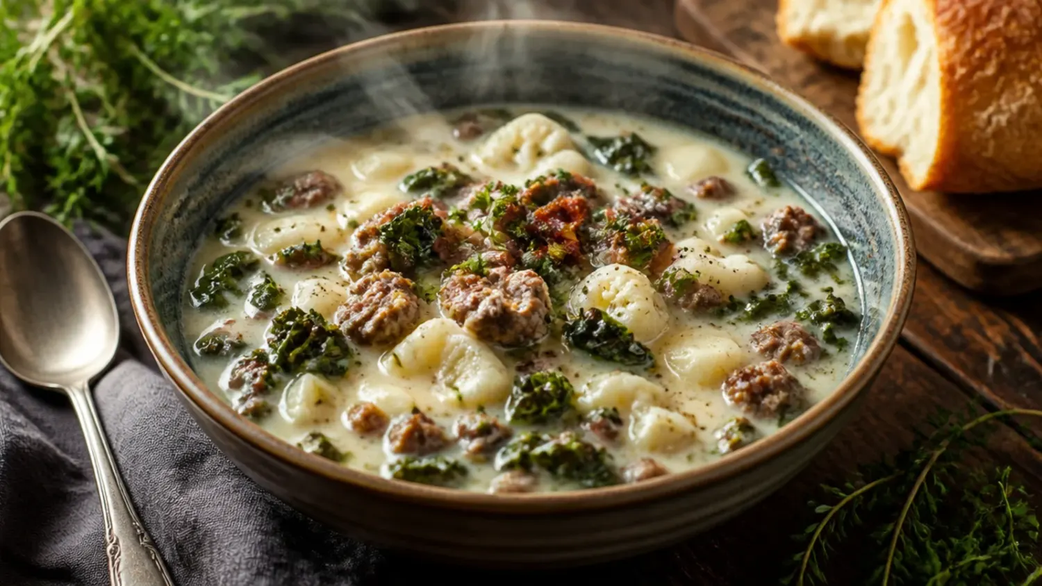Overhead view of a bowl of low carb zuppa toscana soup with Italian sausage, cauliflower and kale, topped with crispy bacon and grated Parmesan