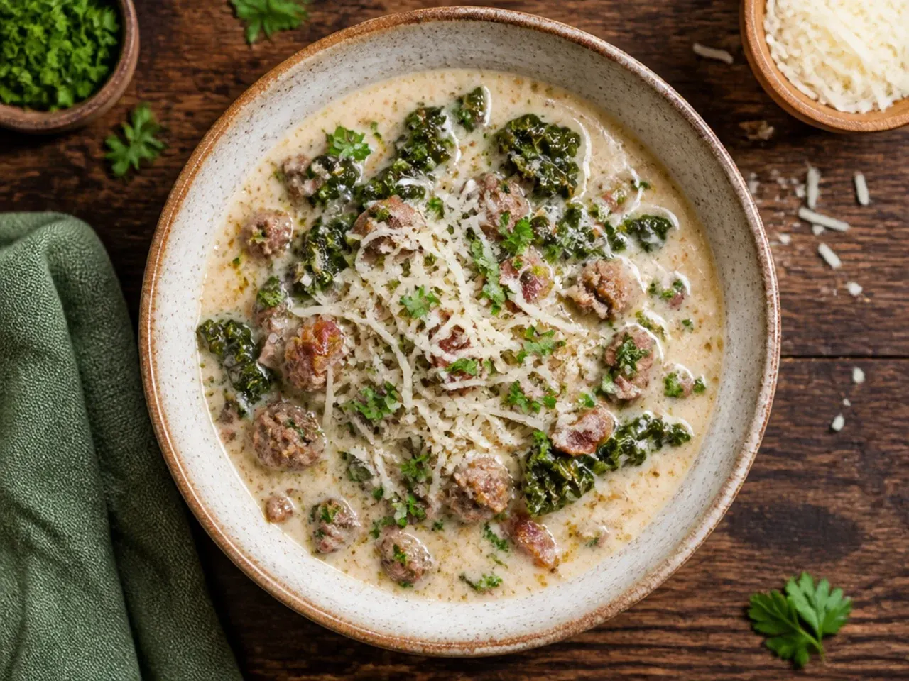 Low carb zuppa toscana soup portioned into glass containers ready for the fridge or freezer
