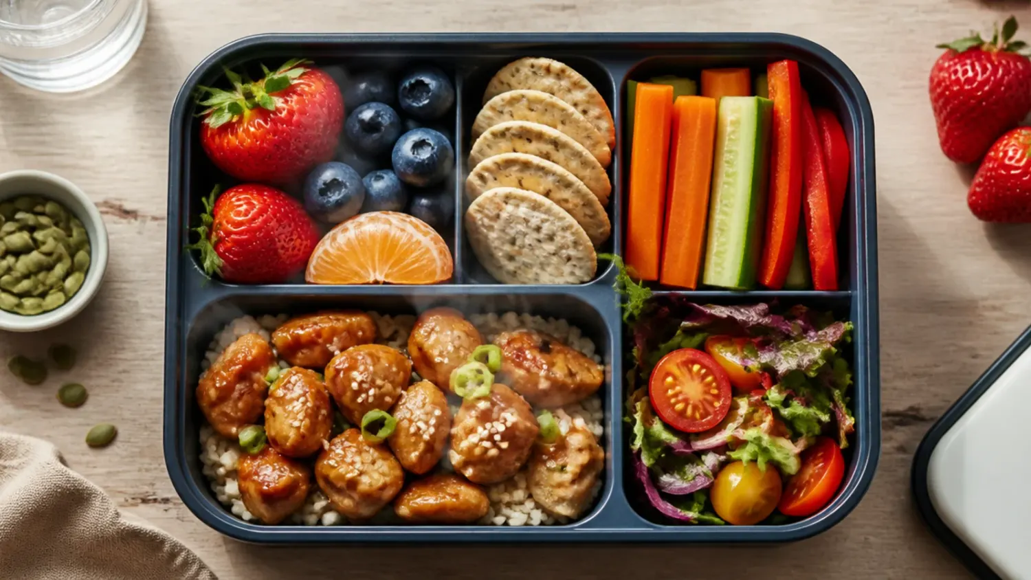 Overhead flat lay of colourful adult lunch boxes with chicken, rice, salads and wraps