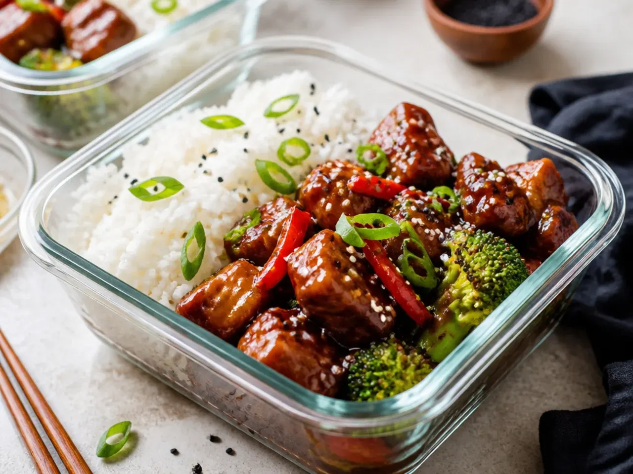 Assortment of adult lunch boxes with chicken, rice, and vegetables in glass containers