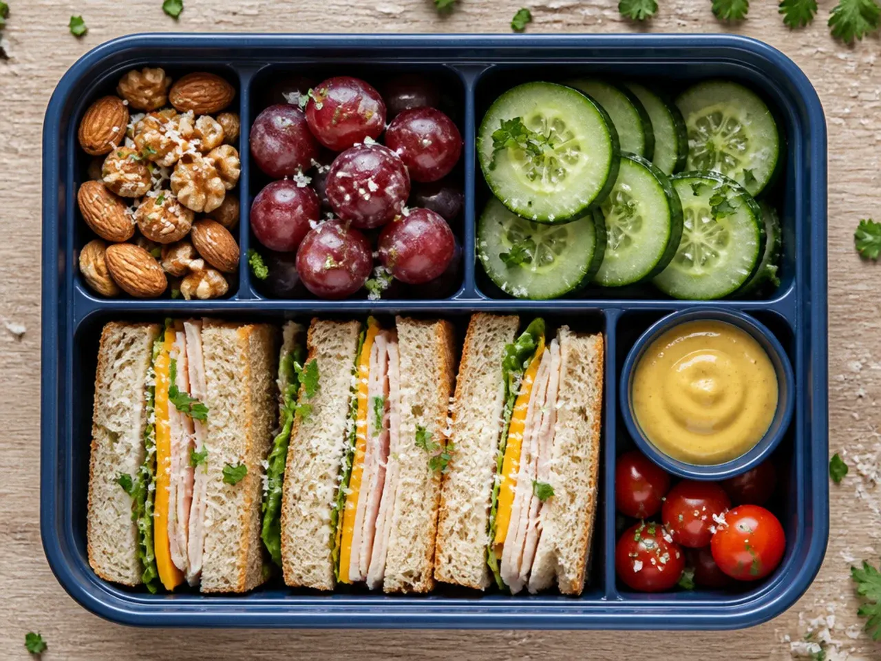 Turkey, cheese, crackers and grapes packed into a compartmented bento lunch box
