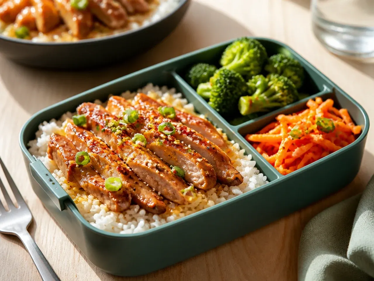Teriyaki chicken and rice lunch box with broccoli and sesame seeds