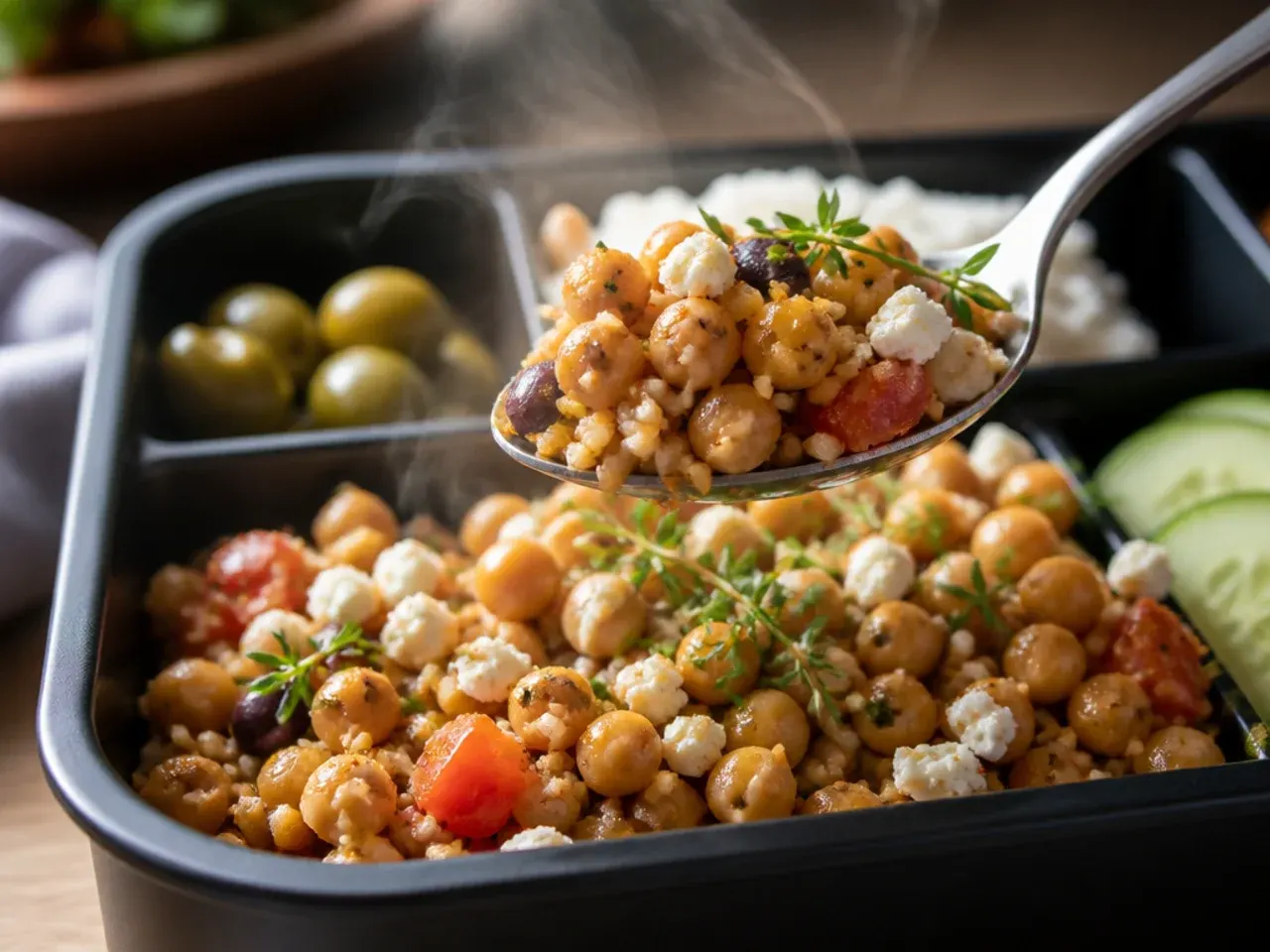 Mediterranean chickpea salad bowl with feta, cucumber and tomatoes