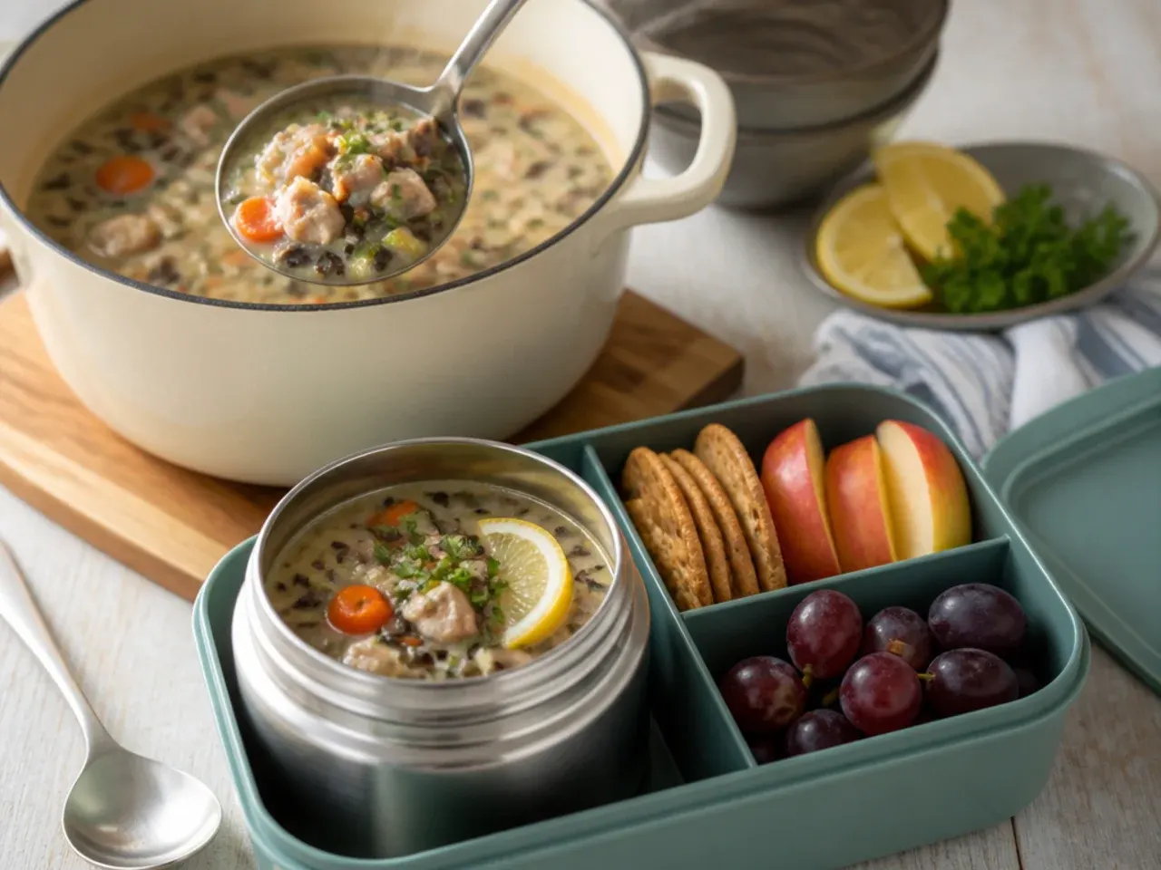 Chicken and wild rice soup packed into an insulated lunch flask