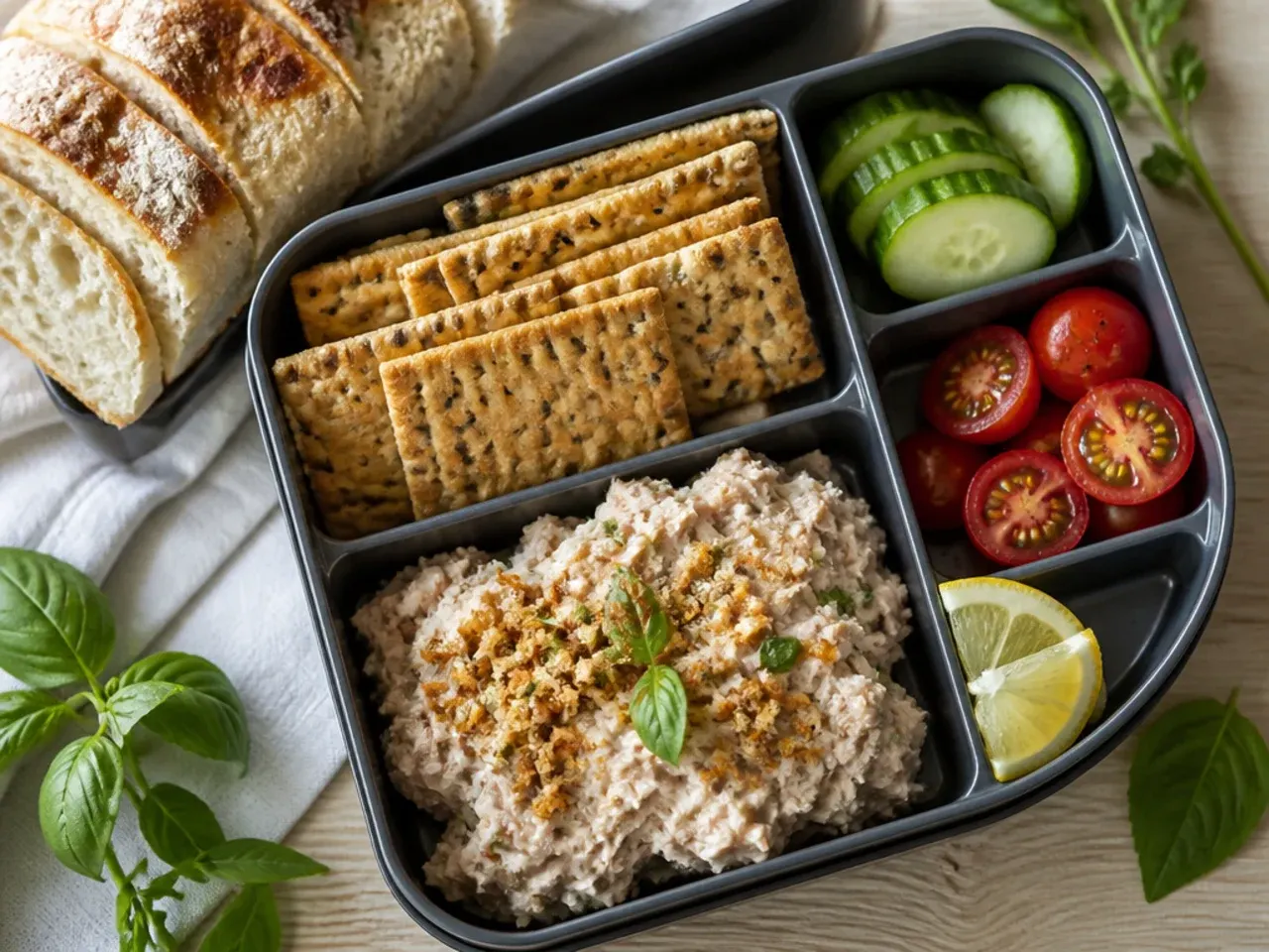 Tinned tuna, wholegrain crackers and cherry tomatoes on a lunch plate