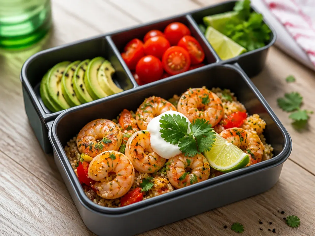 Zesty lime shrimp and quinoa bowl with avocado and black beans