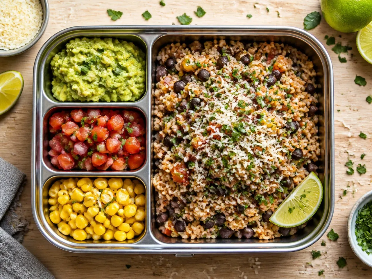 Budget-friendly black bean and rice burrito bowl with cheese and sweetcorn