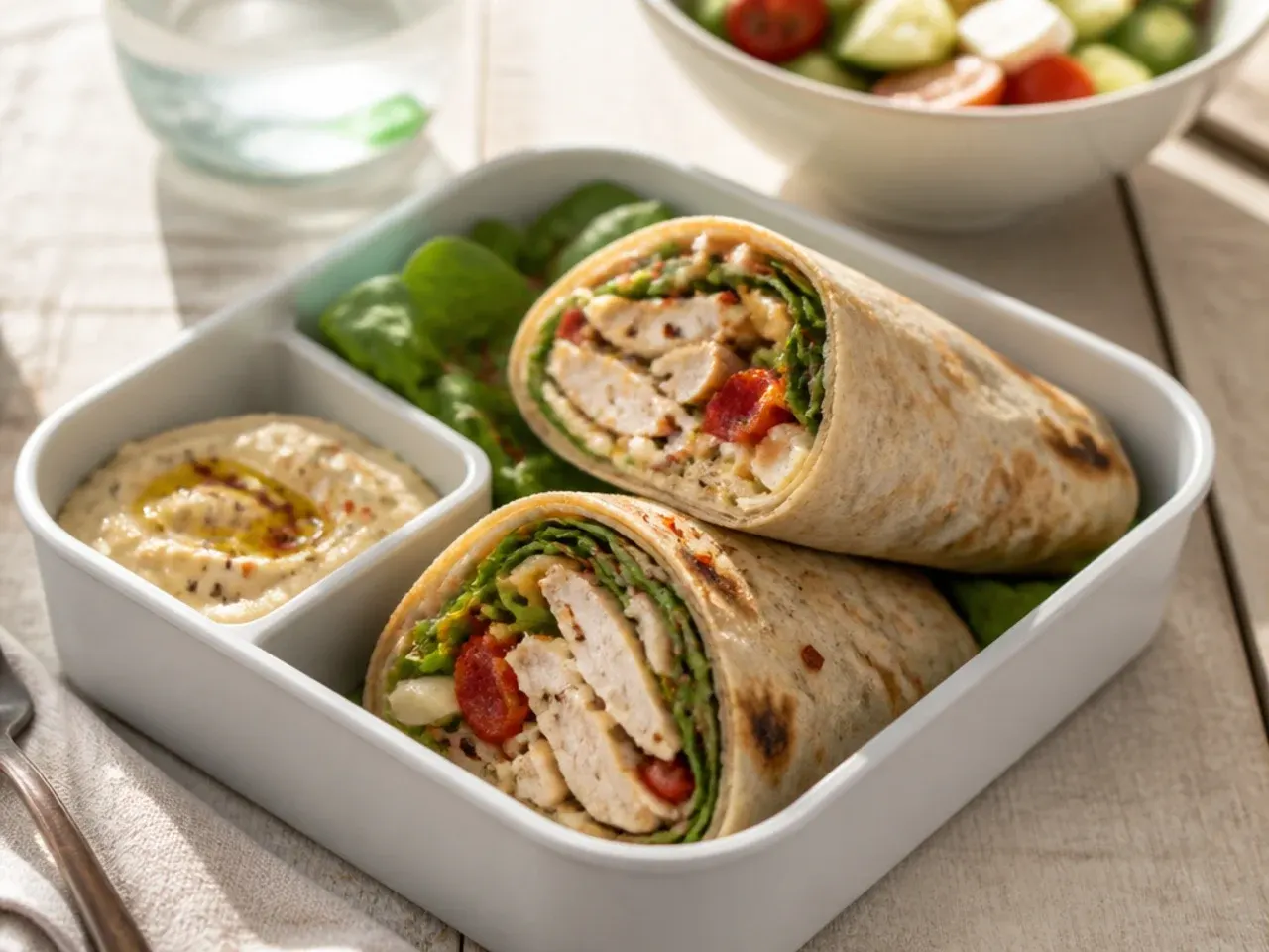 Leftover roast chicken wrap sliced in half in a lunch box