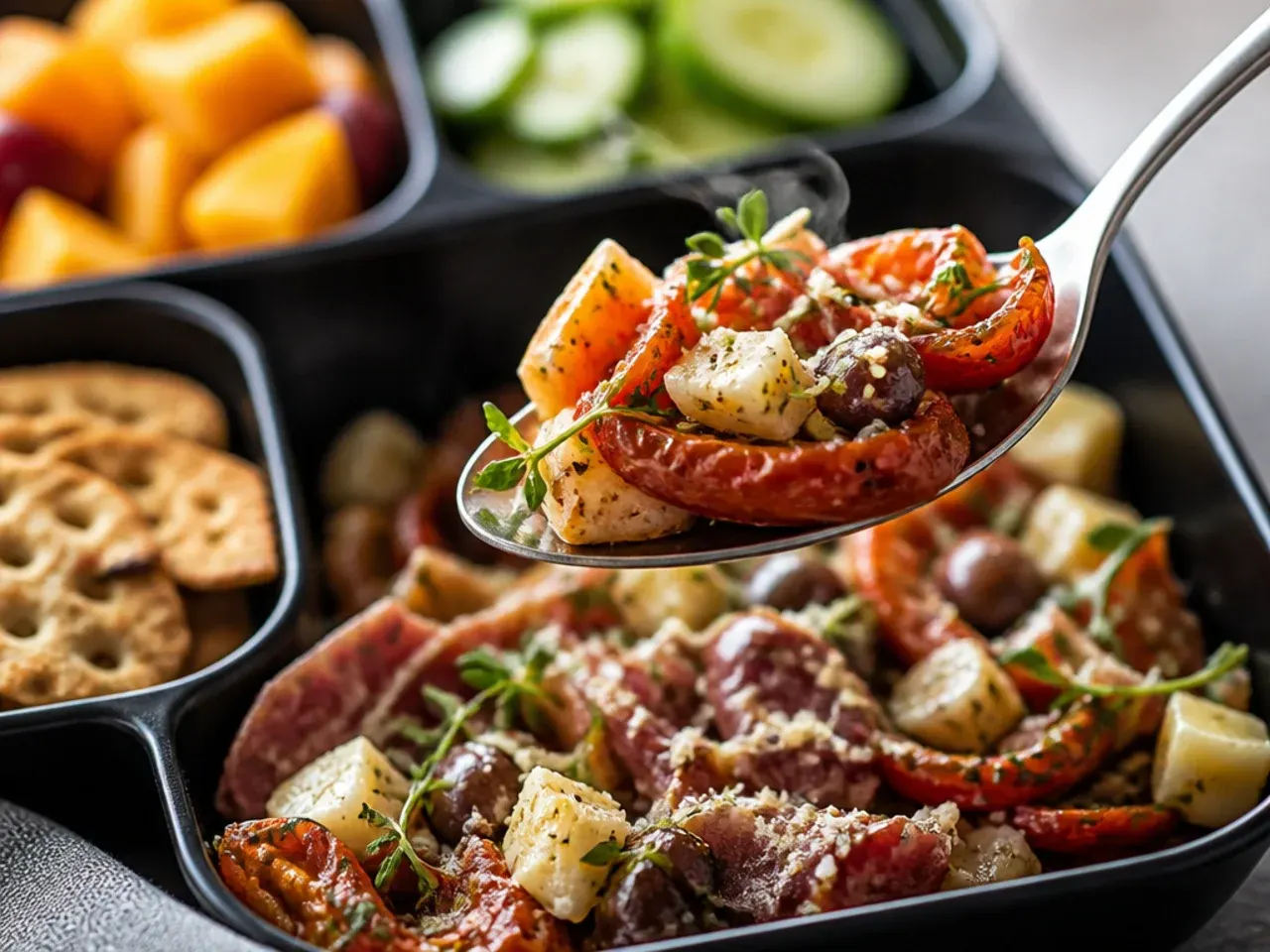 Rustic antipasto salad layered in a glass mason jar