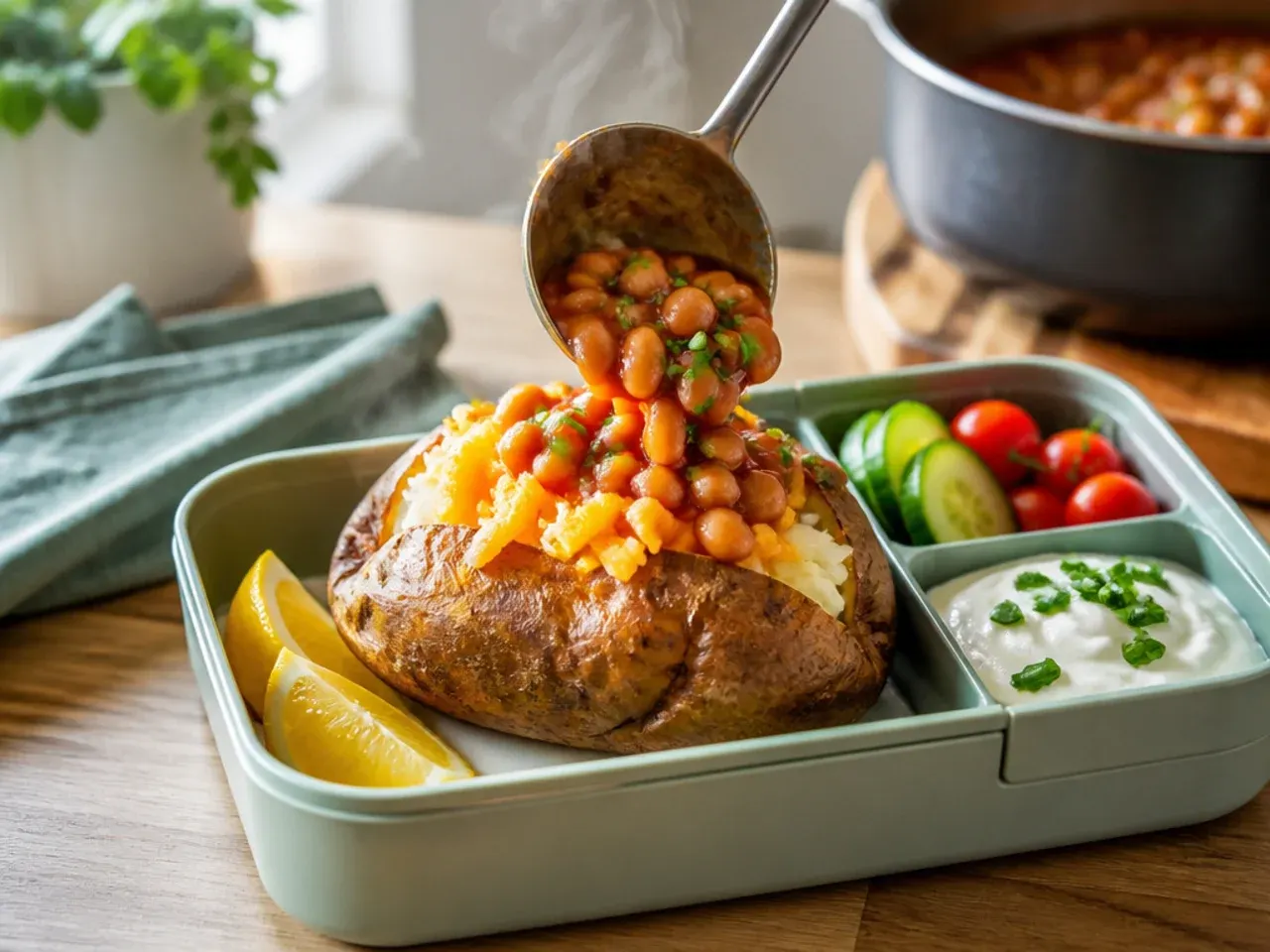 Loaded baked potato with cheese, bacon and soured cream in a lunch container