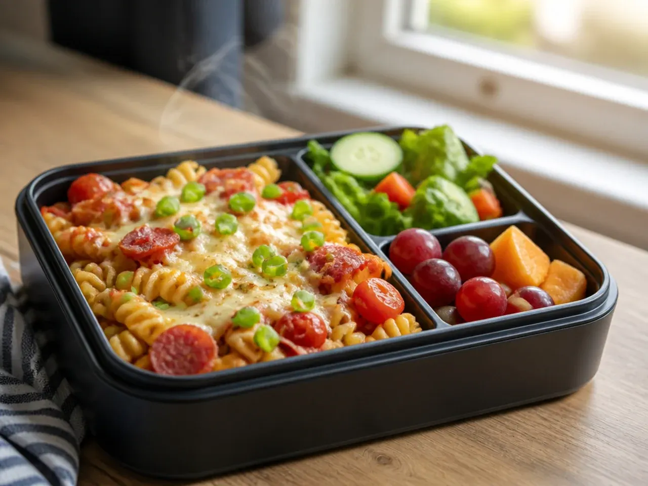 Family-style pasta salad with salami, mozzarella and tomatoes