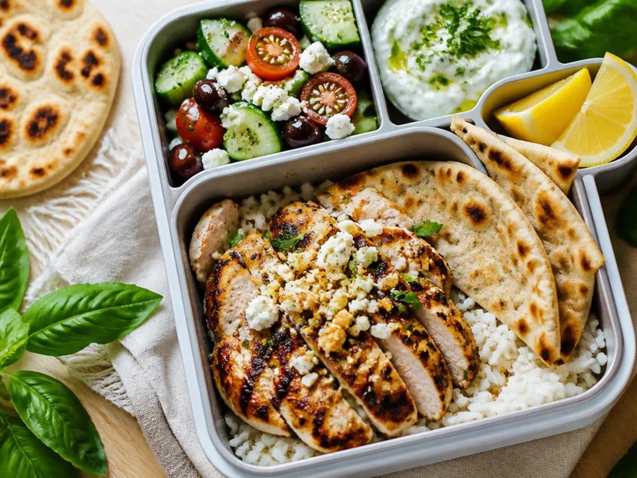 Greek chicken pita lunch box with tzatziki and chopped salad