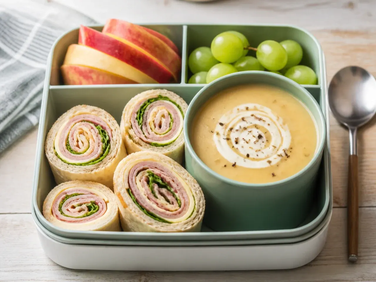 Ham and Swiss cheese pinwheels sliced and packed in a lunch box