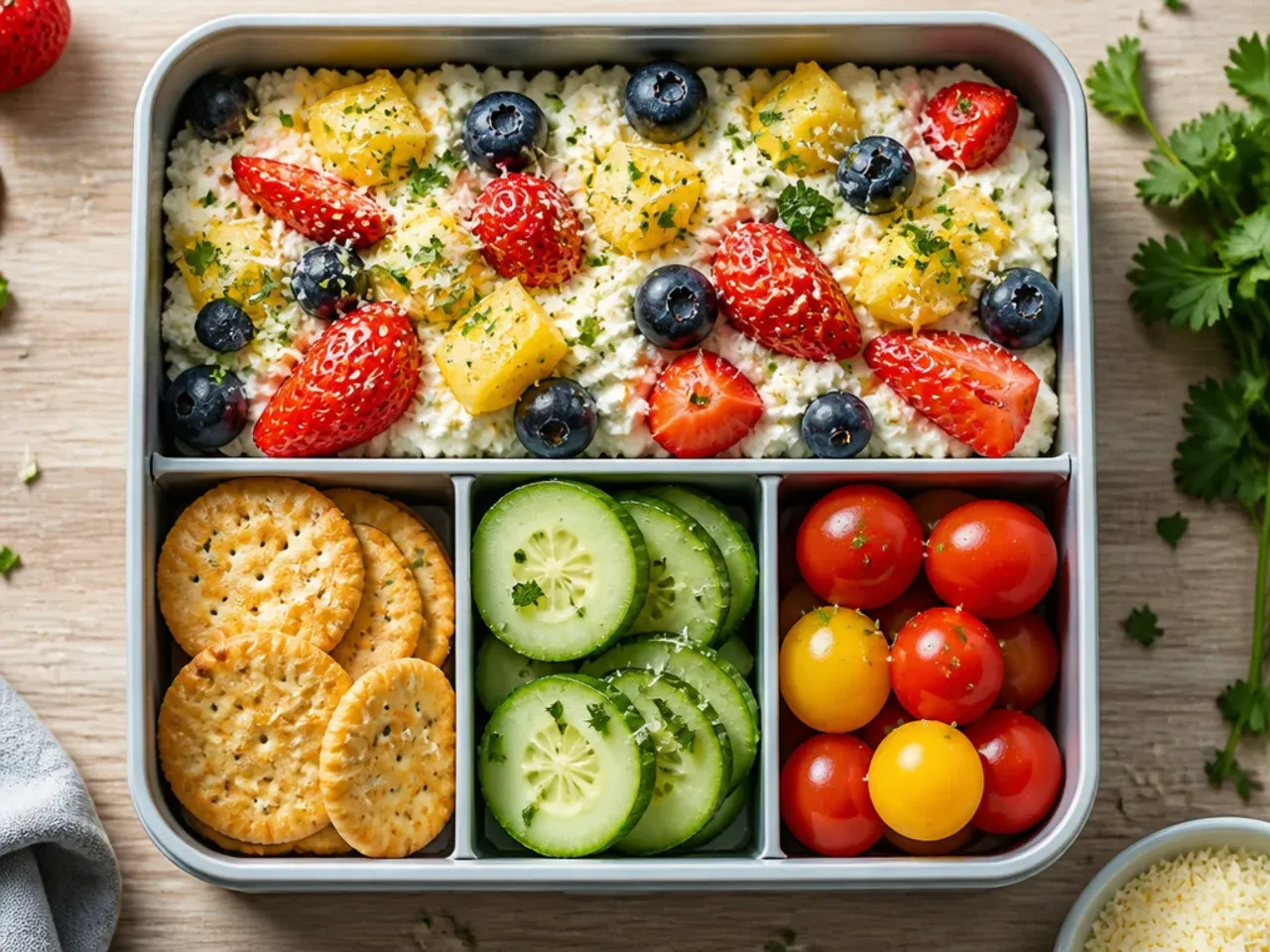 Cottage cheese topped with strawberries and blueberries in a lunch pot
