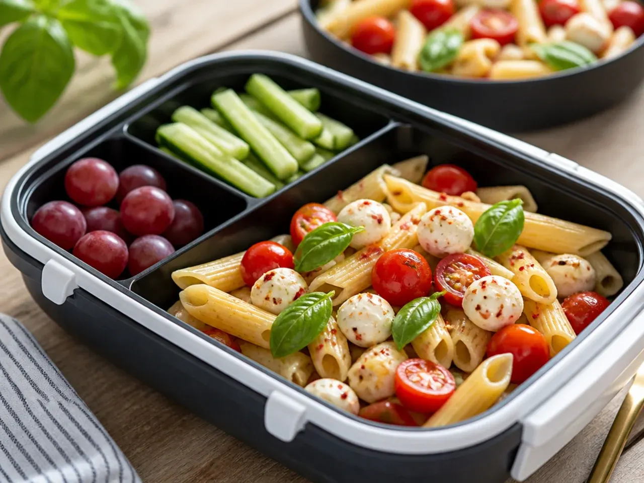Fresh caprese pasta salad with tomato, mozzarella and basil