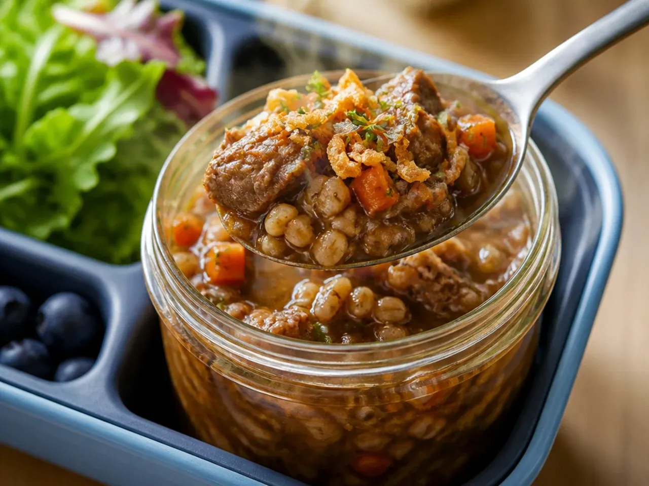 Beef and barley stew packed into a wide-mouth glass jar