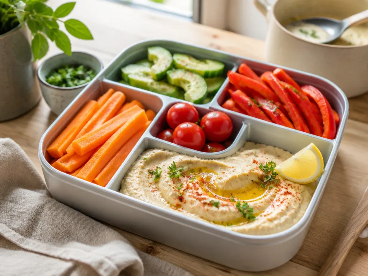 Creamy hummus with carrot, cucumber and pitta for dipping