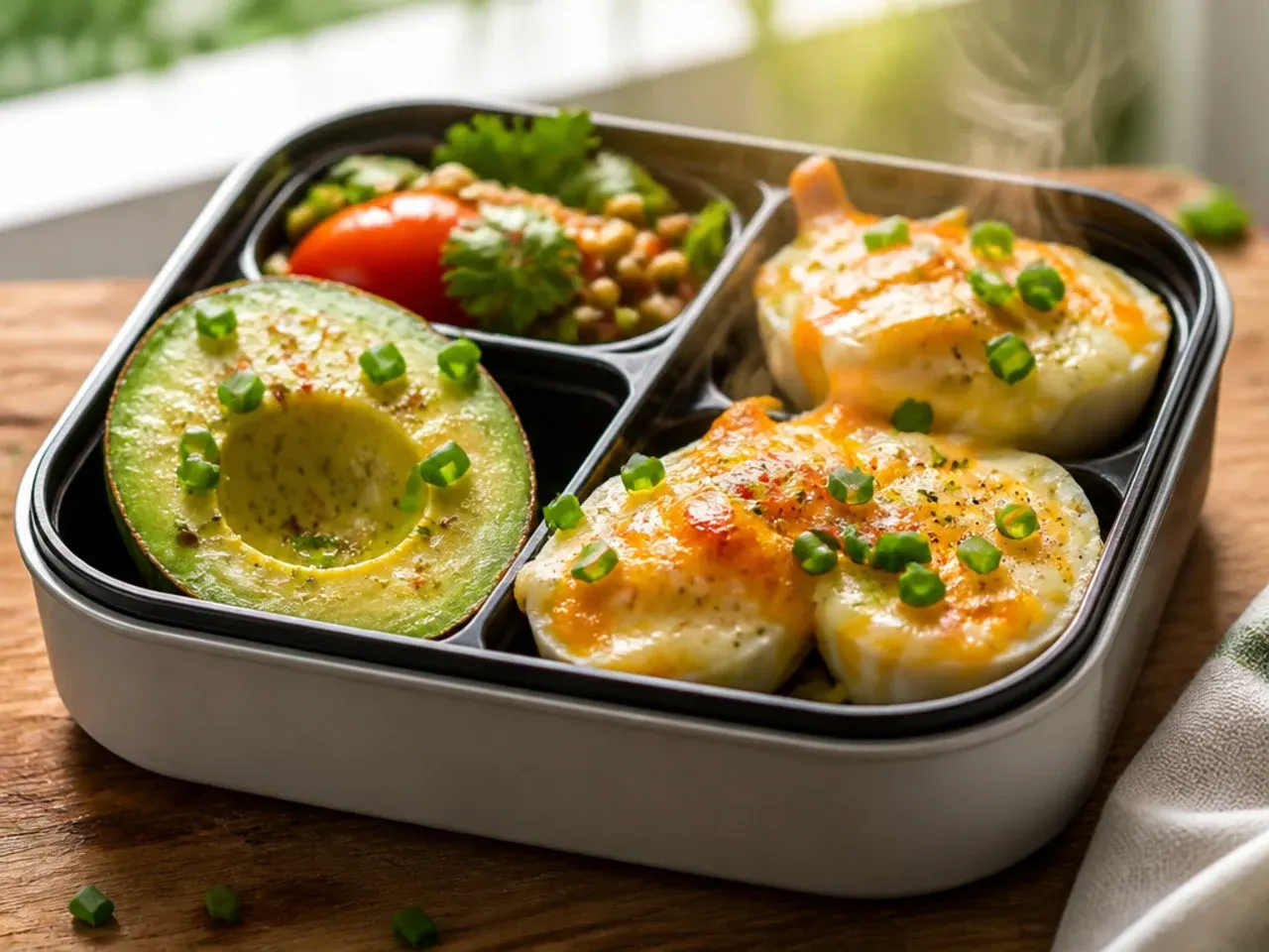 Hard-boiled eggs and sliced avocado in a simple lunch box
