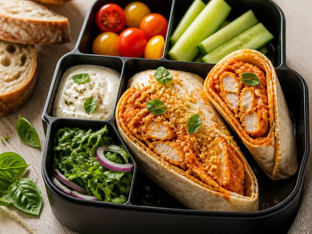 Zesty buffalo chicken wrap sliced and packed for lunch