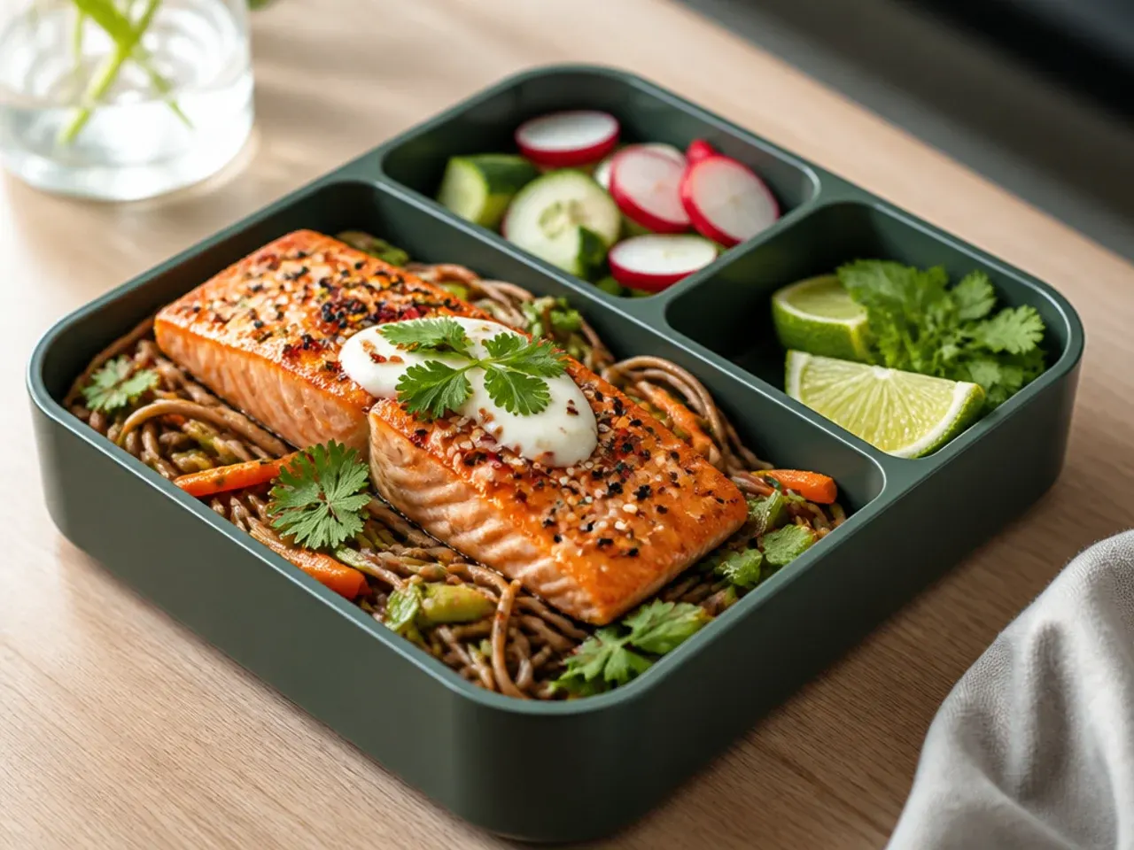 Salmon and soba noodle bowl with edamame and sesame dressing