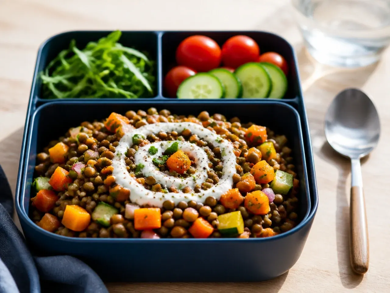 Budget lentil and vegetable salad with red pepper and parsley