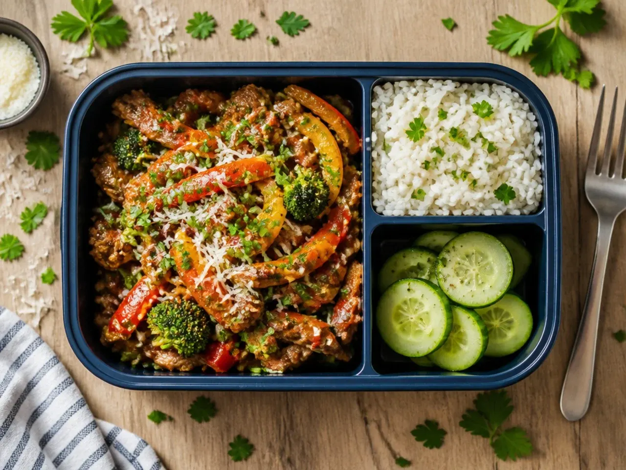 Weeknight stir-fry leftovers packed over rice in a lunch box