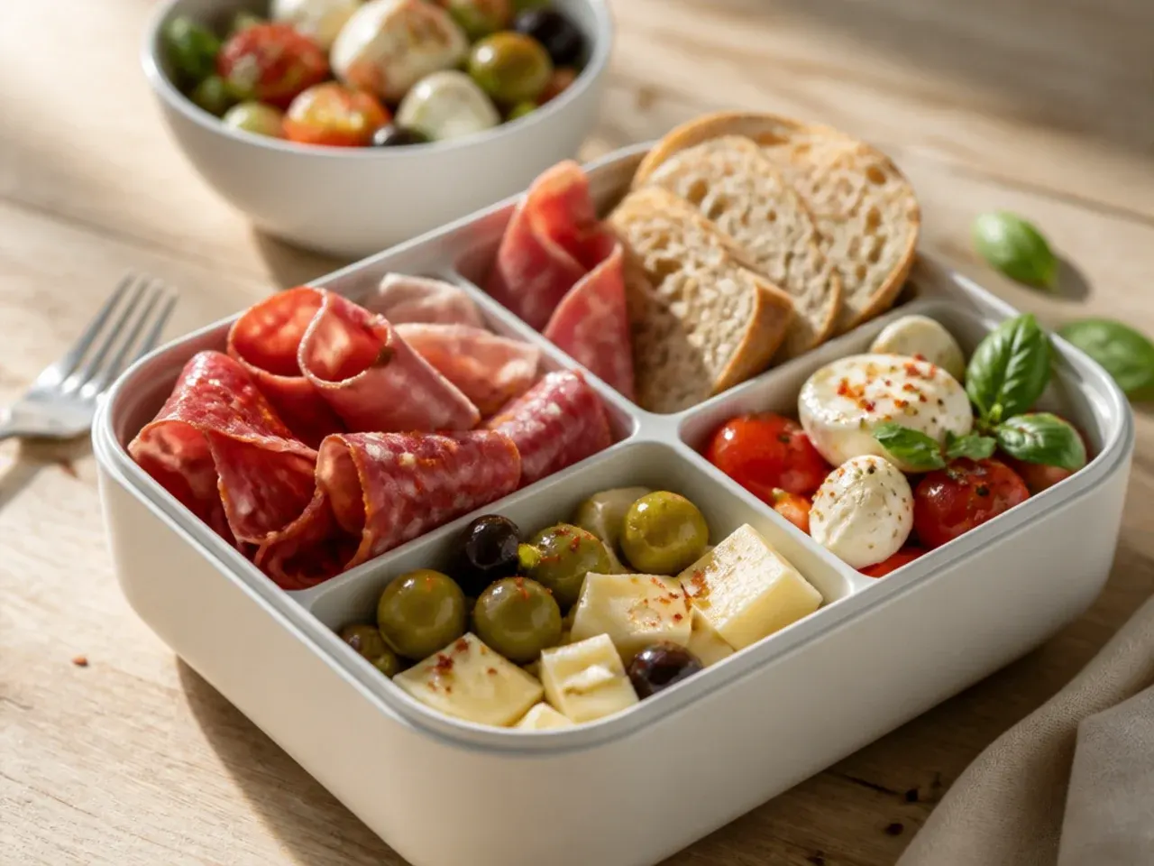 Rustic charcuterie-style lunch box with cured meats, cheese and grapes