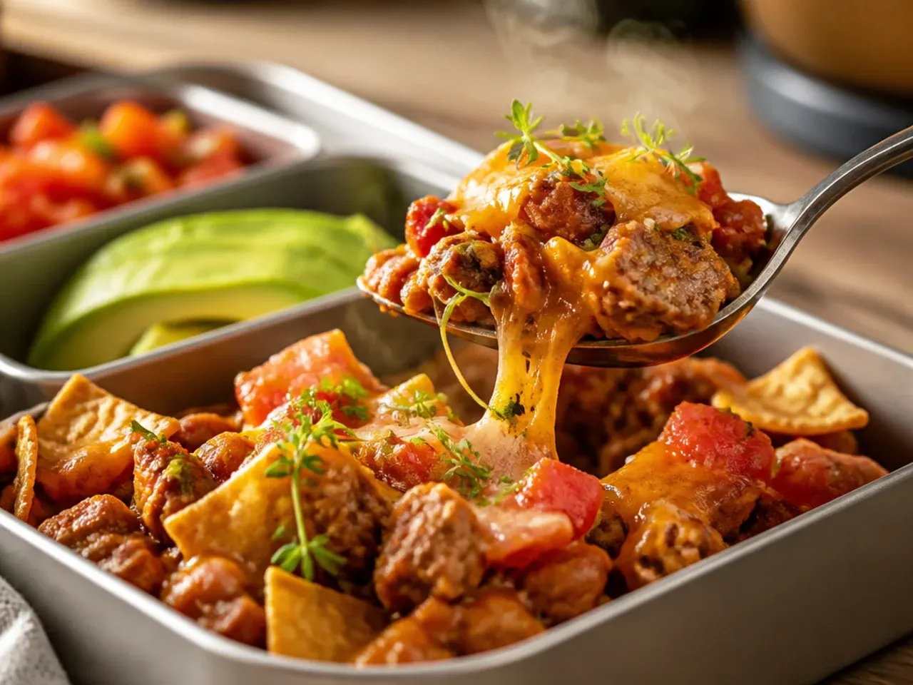 Loaded nacho lunch bowl with melted cheese and salsa toppings