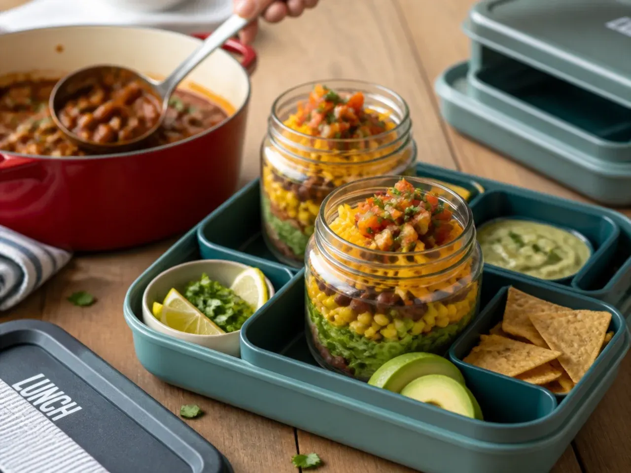 Family taco salad layered in mason jars with cheese and tortilla chips