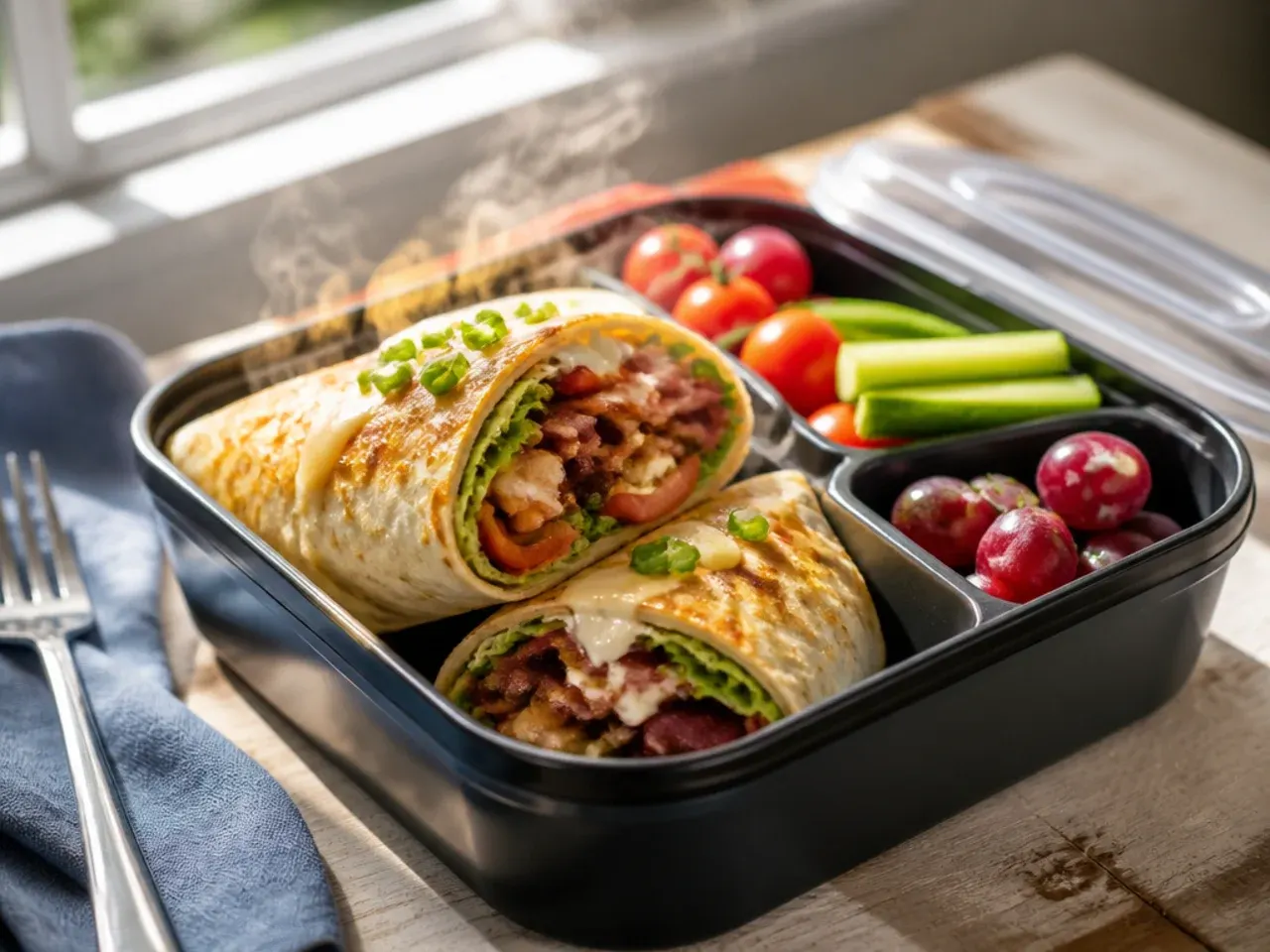 Best-ever BLT wrap sliced in half in a lunch box