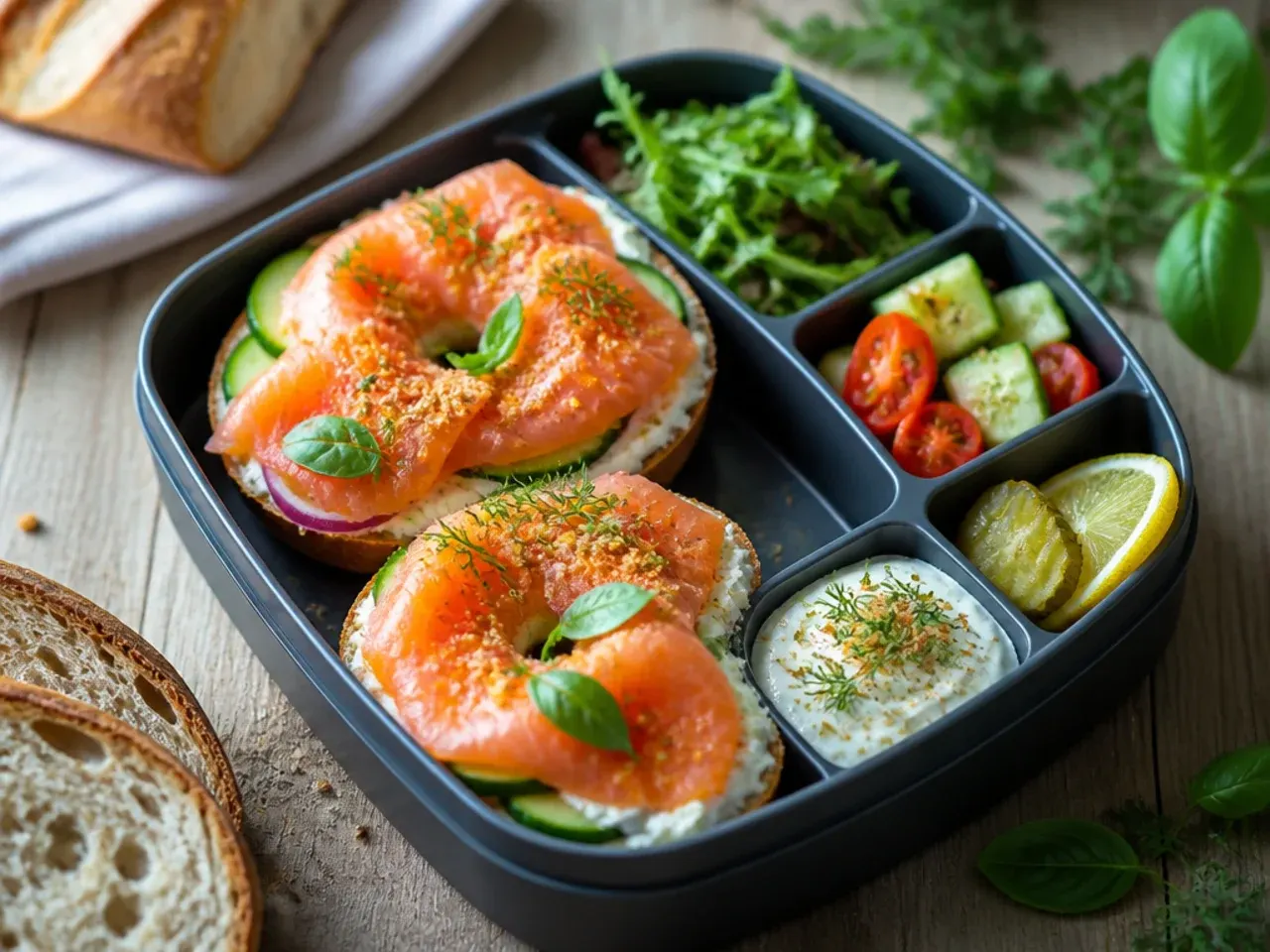 Smoked salmon and cream cheese bagel packed for a quick lunch