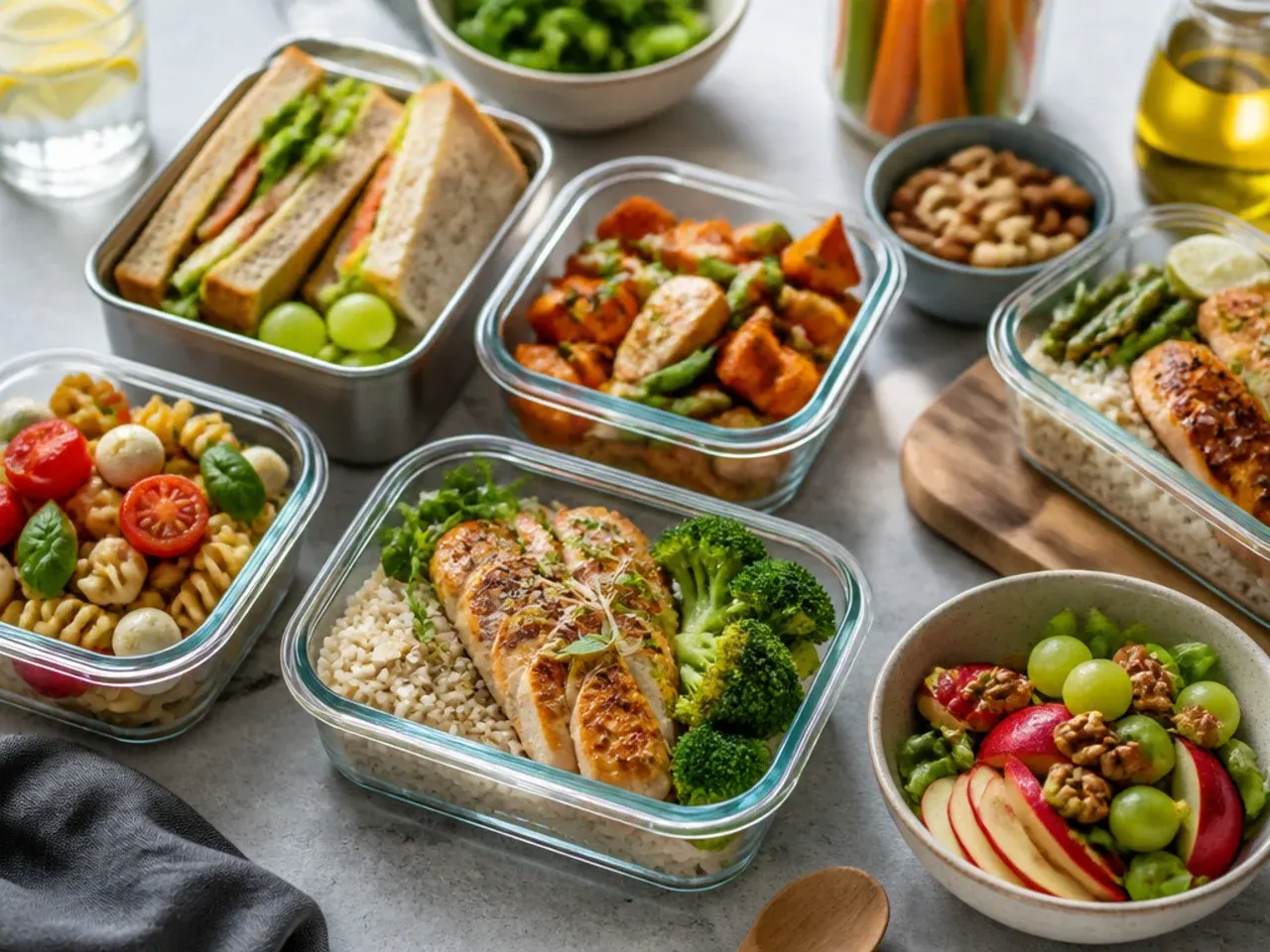 Lunch box served with fresh fruit and a small pot of yoghurt on the side