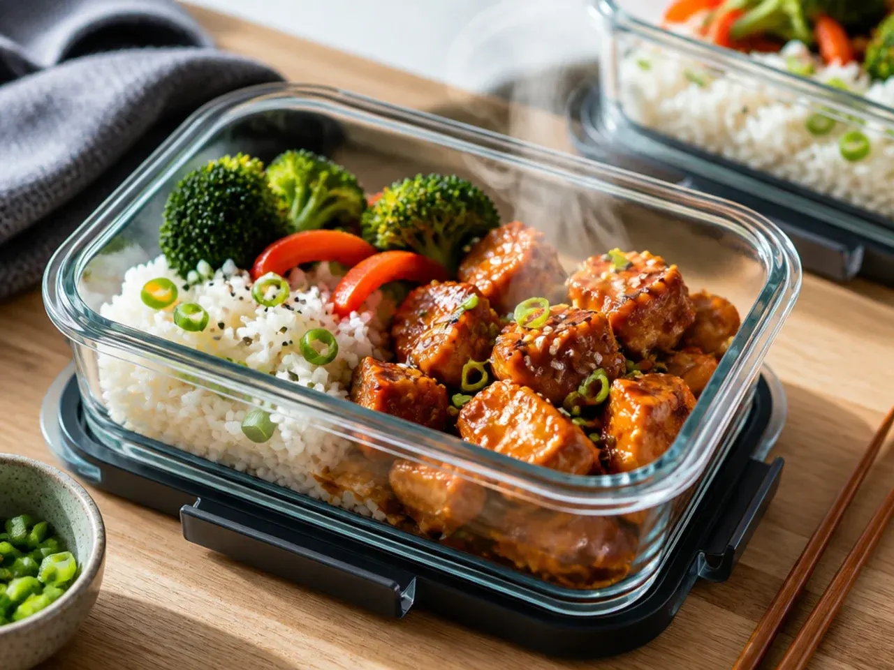 Lunch box leftovers stored in labelled airtight containers in the fridge