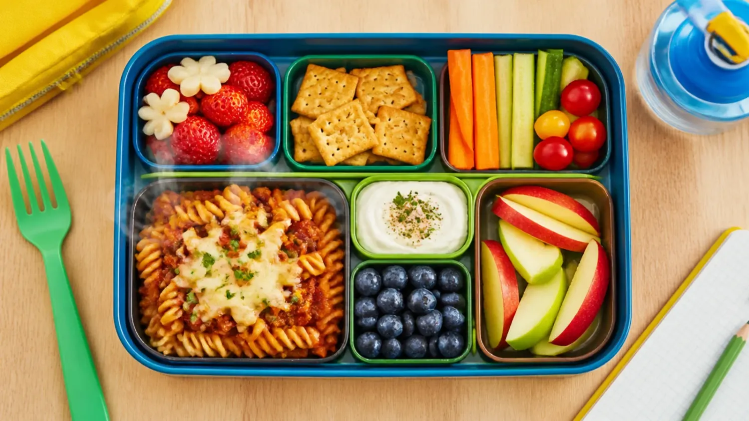 Overhead spread of lunch box ideas for kids school including pasta salad, pinwheels, fruit skewers and small dip pots