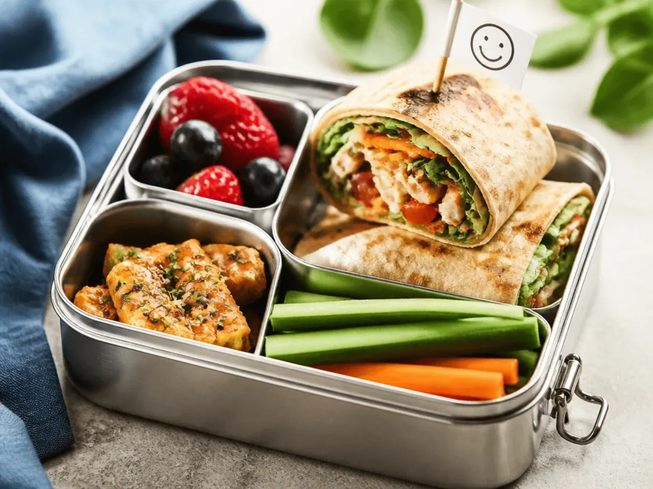 Colourful array of lunch box ideas for kids school laid out on a kitchen counter
