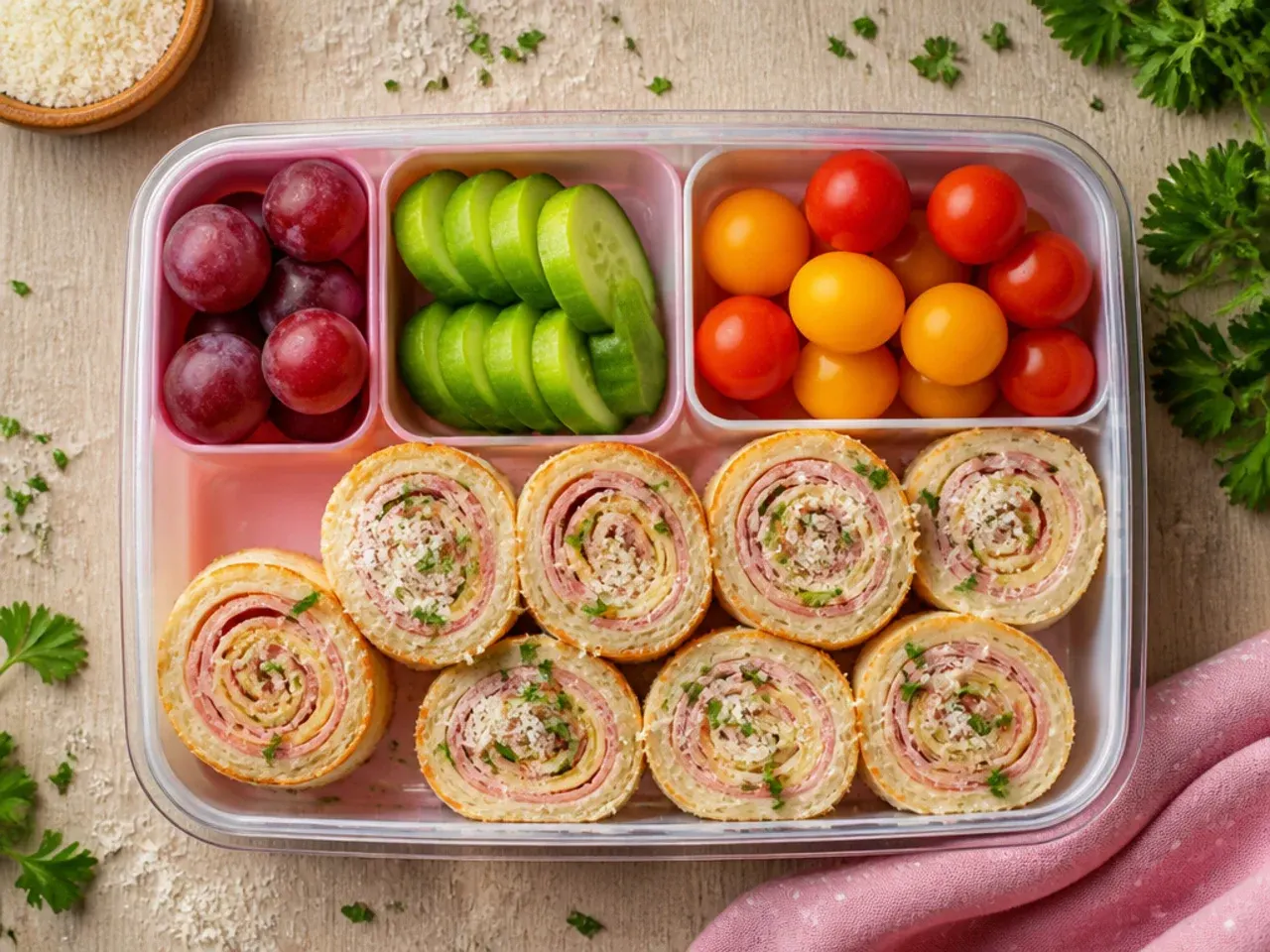 Ham and cheese pinwheels sliced into rounds in a kids lunch box