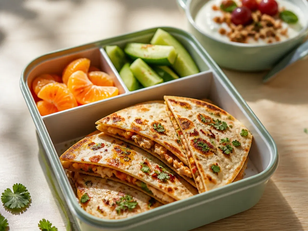 Chicken quesadilla wedges cut into triangles for a kids lunch box