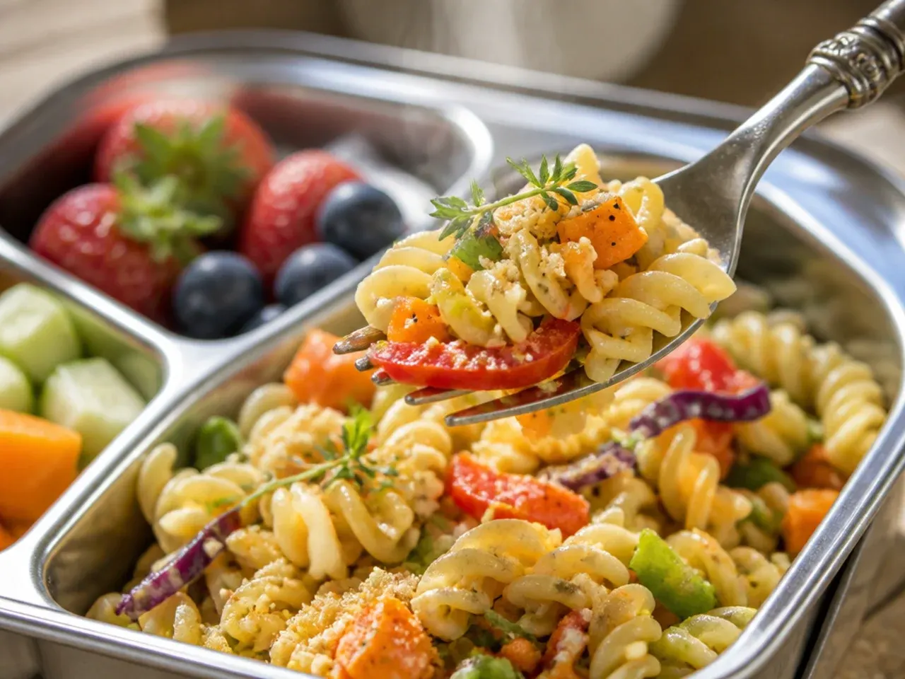 Rainbow veggie pasta salad with chicken and cherry tomatoes in a kids lunch box container